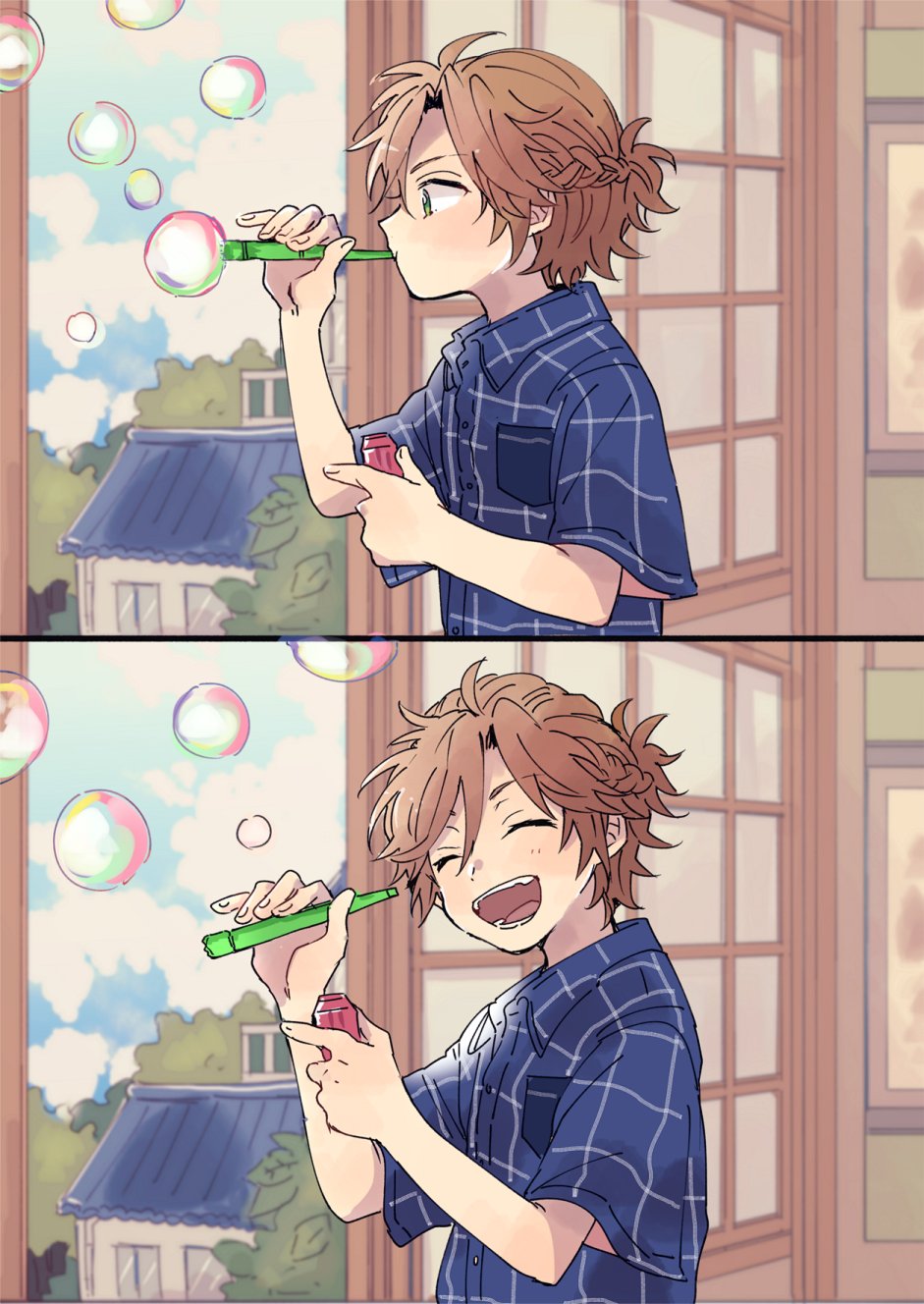 1boy, aged_down, blowing_bubbles, braid, brown_hair, bubble, bubble_pipe, child