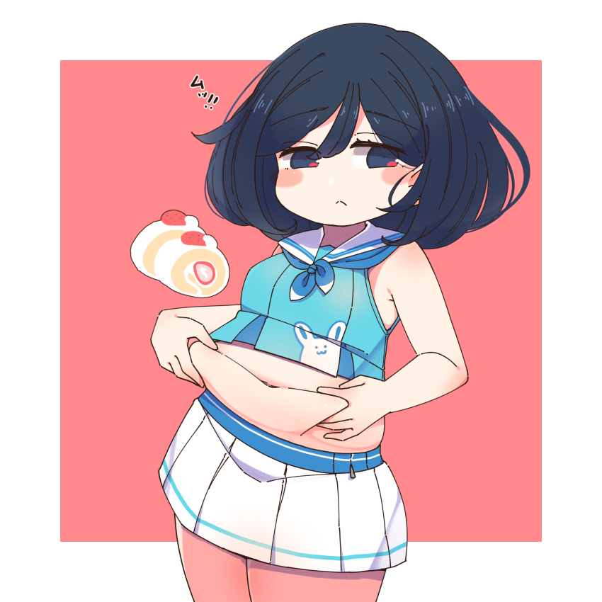 1girl, :<, animal_print, black_hair, blue_eyes, blue_hair, breasts, cheerleader