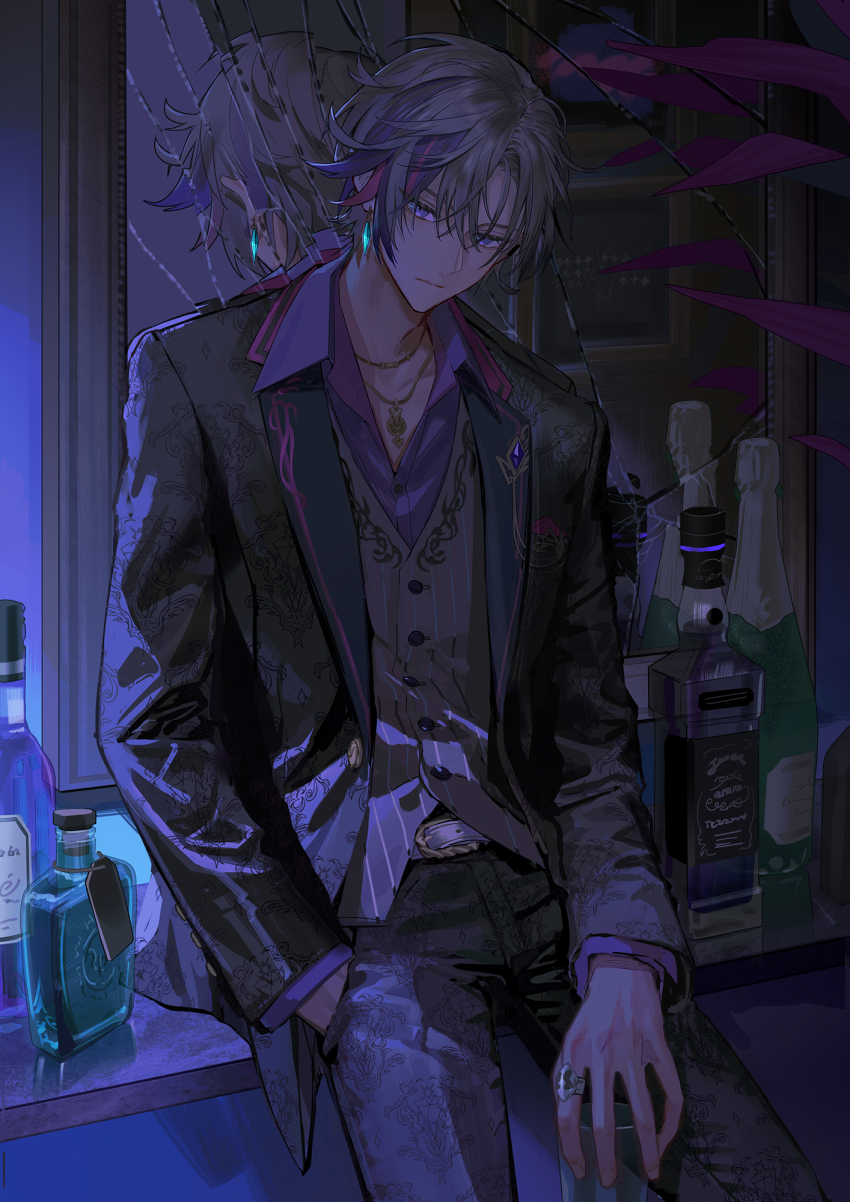 1boy, alcohol, belt, bottle, broken_glass, broken_mirror, closed_mouth, earrings