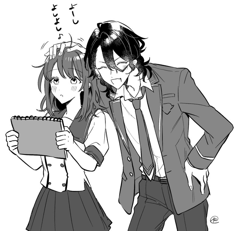 1boy, 1girl, aged_down, anzu_(ensemble_stars!), blazer, ensemble_girls!, ensemble_stars!, greyscale