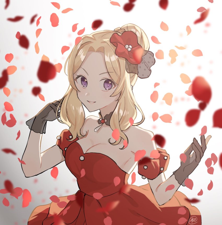 1girl, alternate_hairstyle, blonde_hair, dress, enjouji_reika, ensemble_girls!, gloves, hair_bun