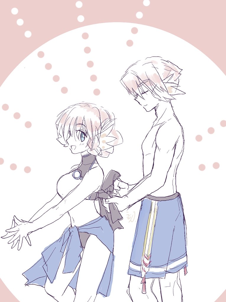 1boy, 1girl, aiknwuriknru, ainu_clothes, animal_ears, aquaplus, blue_eyes, blue_male_swimwear