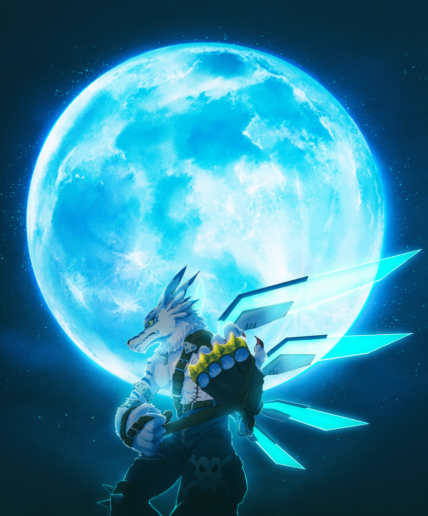 1boy, absurdres, belt, blue_moon, brass_knuckles, digimon, digimon_(creature), digimon_adventure:_(2020)