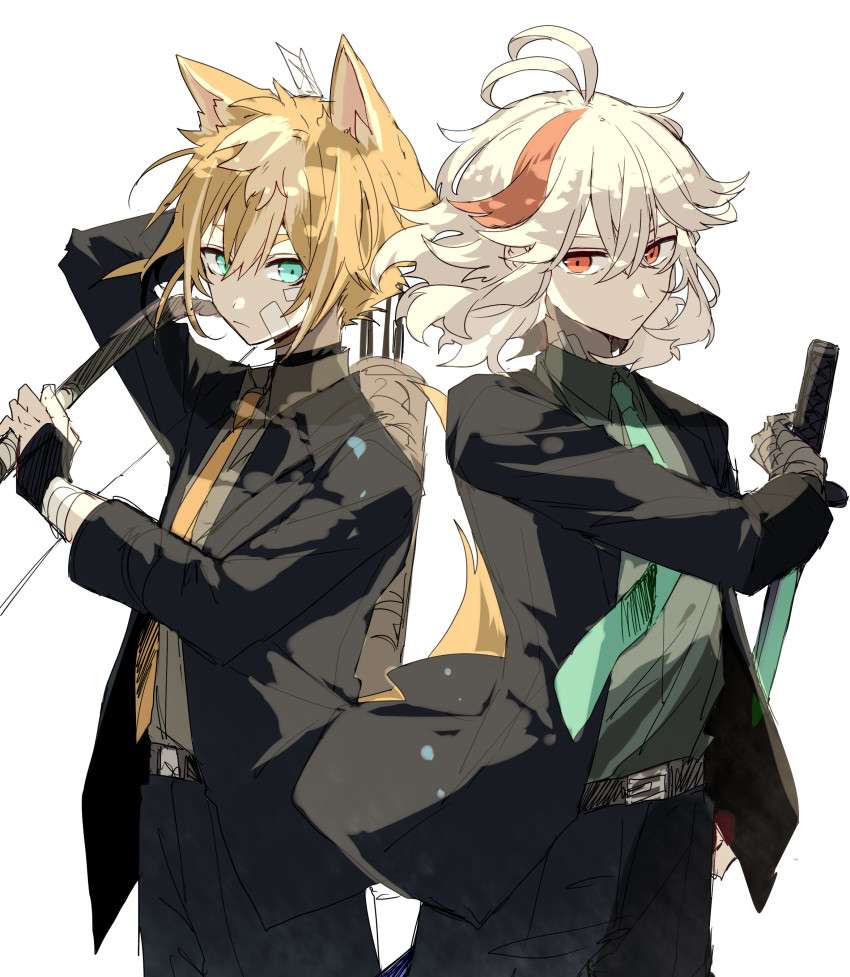 2boys, absurdres, alternate_costume, alternate_hairstyle, animal_ears, antenna_hair, aqua_eyes, arrow_(projectile)