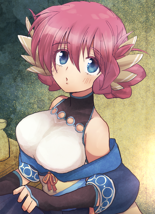 1girl, aiknwuriknru, ainu_clothes, animal_ears, aquaplus, blue_eyes, blush, braid, breasts, from_side, hair_between_eyes, large_breasts, nosuri, off_shoulder, open_mouth, raised_eyebrows, red_hair, sleeveless, solo, upper_body, utawarerumono, utawarerumono:_itsuwari_no_kamen