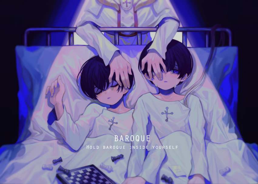 1other, 2boys, baroque_(sound_horizon), bed, black_hair, board_game, chess, chessboard