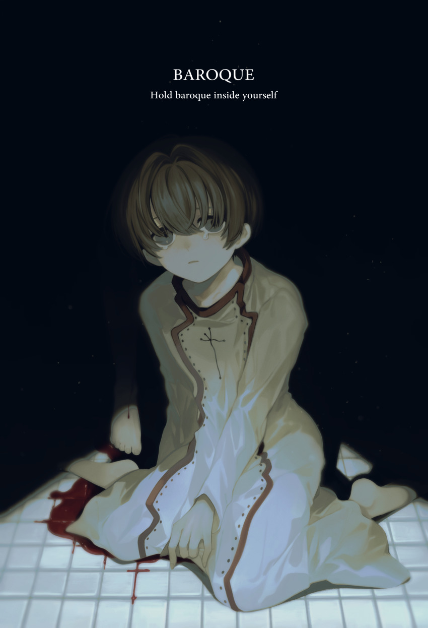 1boy, absurdres, barefoot, baroque_(sound_horizon), black_background, blood, brown_eyes, brown_hair