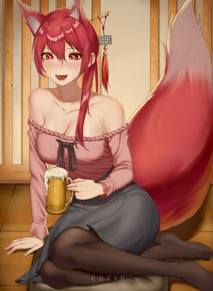 1girl, :d, absurdres, alcohol, animal_ears, arm_support, artist_name, azur_lane, beer, beer_mug, blush, breasts, bright_pupils, brown_pantyhose, cleavage, cozyu, cup, cushion, drunk, fingernails, fox_ears, grey_skirt, hair_between_eyes, hair_ornament, hair_stick, highres, holding, holding_cup, ise_(azur_lane), large_breasts, large_tail, long_hair, long_sleeves, looking_at_viewer, miniskirt, mug, no_shoes, off-shoulder_shirt, off_shoulder, open_mouth, pantyhose, pink_shirt, red_eyes, red_hair, shirt, sitting, skirt, smile, solo, tail, tassel, white_pupils, yokozuwari, zabuton