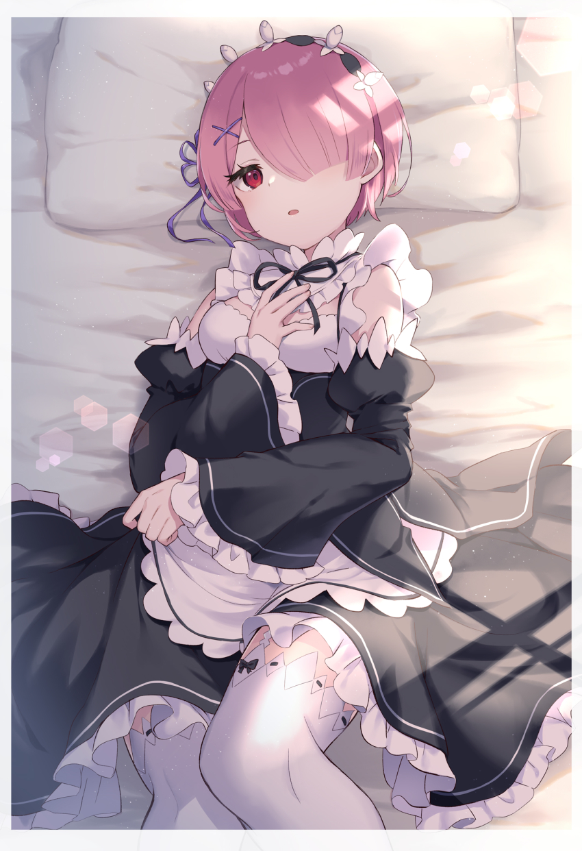 1girl, :o, apron, bare_shoulders, black_dress, black_ribbon, border, breasts