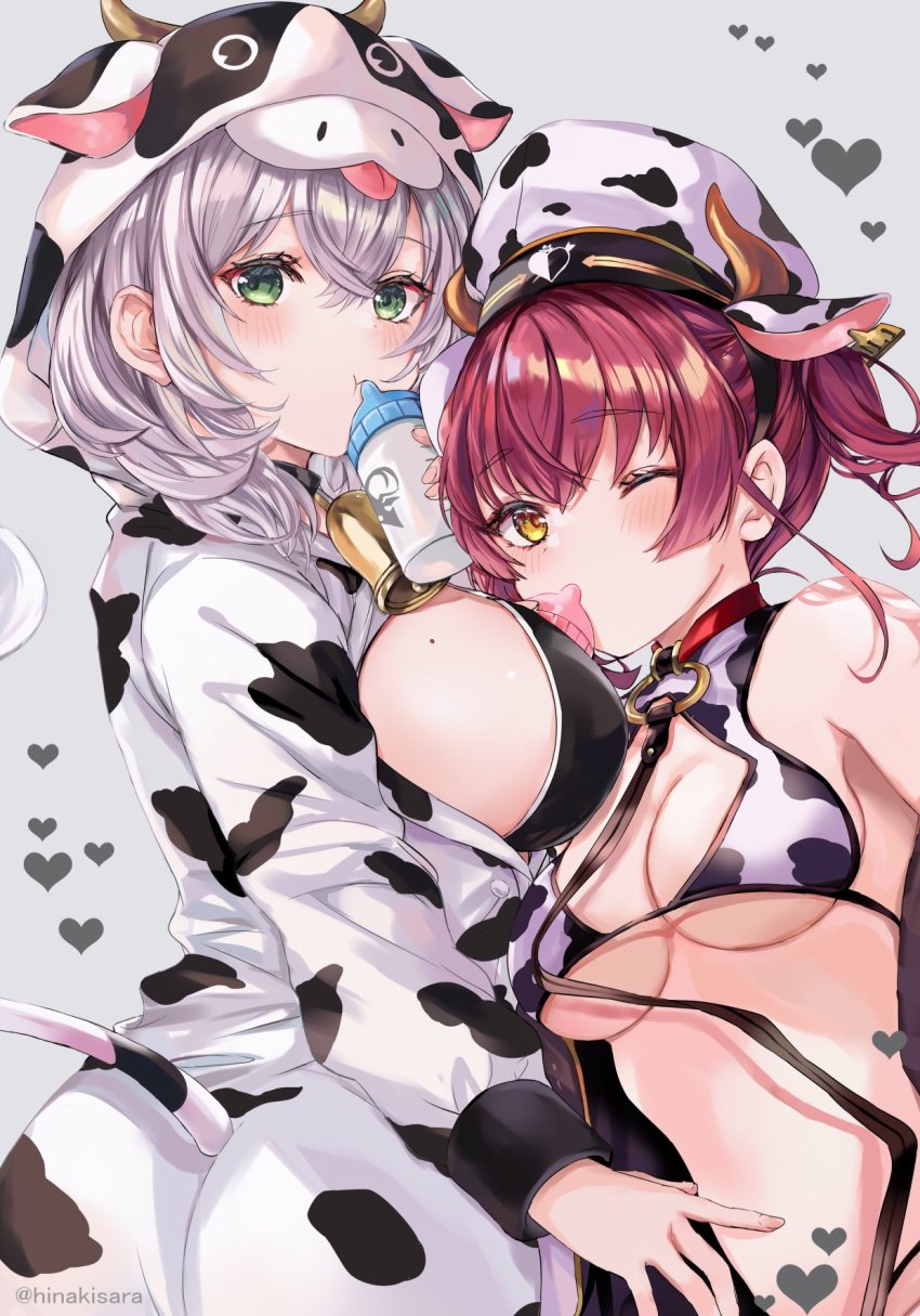 2girls, animal_ears, animal_print, ass, baby_bottle, bell, bikini, blush, bottle, breasts, collar, cow_ears, cow_hat, cow_hood, cow_horns, cow_print, cow_tail, cowbell, green_eyes, heart, highres, hololive, horns, houshou_marine, large_breasts, leash, long_hair, medium_breasts, medium_hair, milk, mole, mole_on_breast, multiple_girls, neck_bell, one_eye_closed, onesie, open_clothes, pajamas, red_hair, shirogane_noel, silver_hair, soraneko_hino, swimsuit, tail, twintails, virtual_youtuber, yellow_eyes