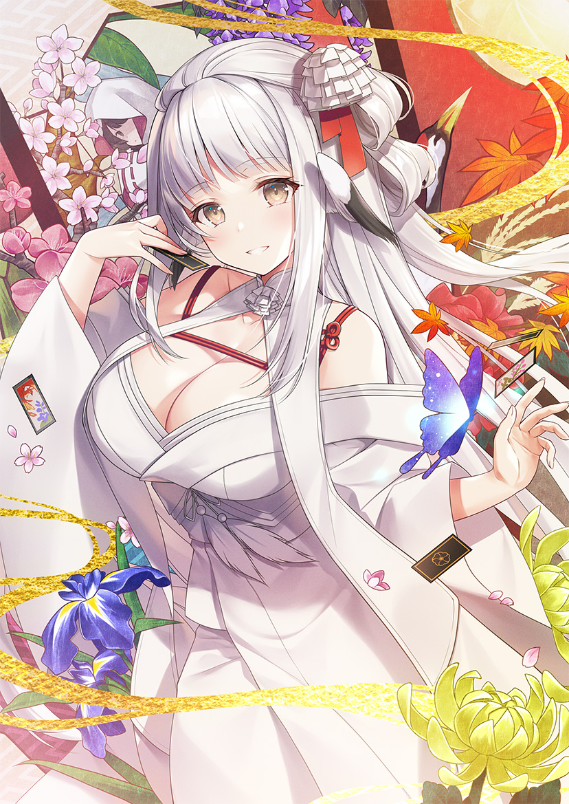 2girls, absurdly_long_hair, animal_ears, aquaplus, autumn_leaves, blunt_bangs, blush, breasts