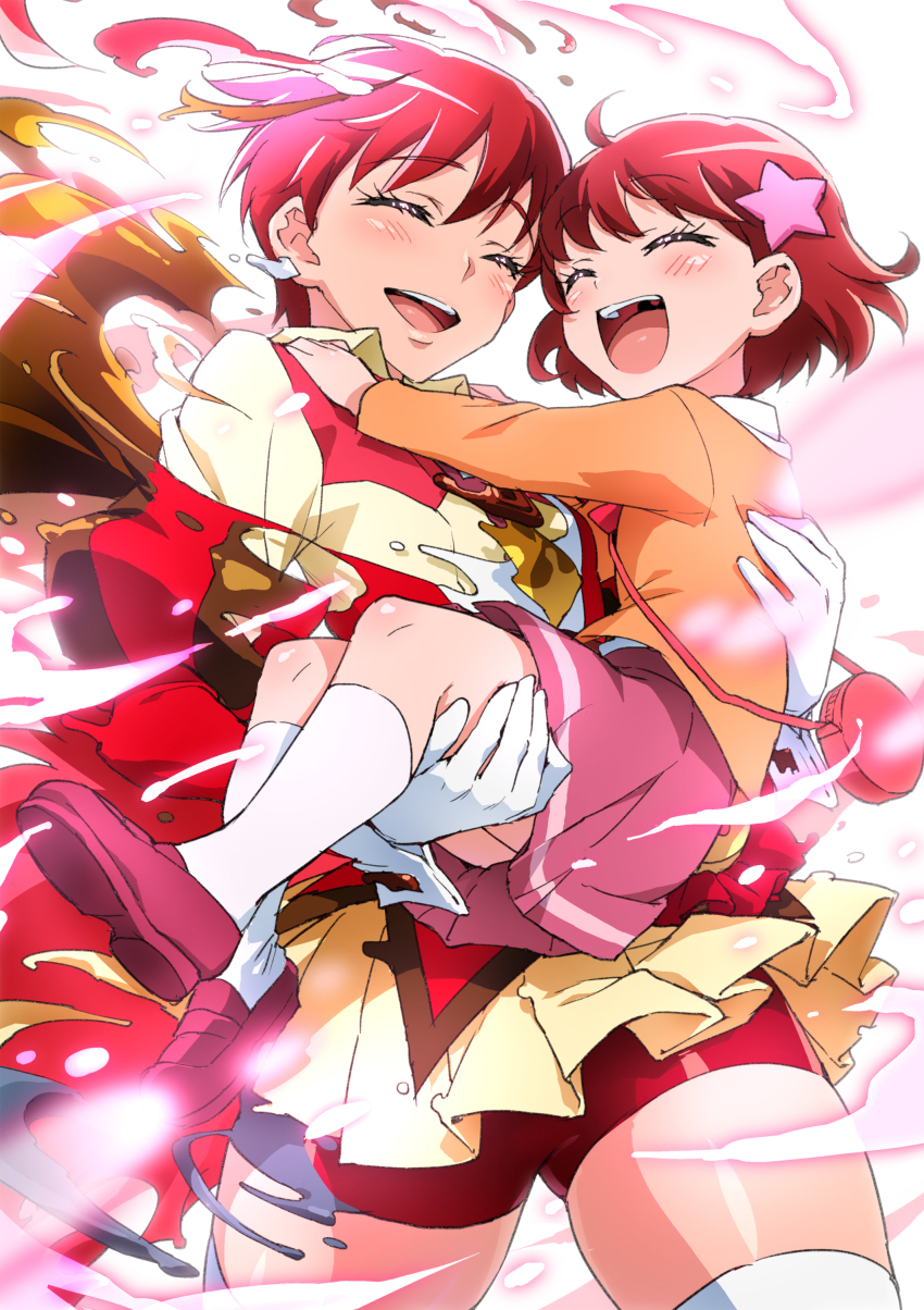 2girls, :d, ^_^, absurdres, bike_shorts, blush, carrying, closed_eyes