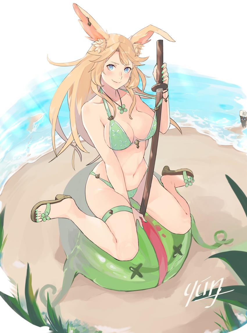 1girl, absurdres, animal_ear_fluff, animal_ears, artist_name, bare_shoulders, beach, bikini, blonde_hair, blue_eyes, breasts, cat, cleavage, closed_mouth, collarbone, commentary, dragalia_lost, eleonora_(dragalia_lost), english_commentary, flip-flops, full_body, green_bikini, green_nails, high_heels, highres, holding, holding_sign, holding_sword, holding_weapon, jewelry, katana, light_rays, long_hair, looking_at_viewer, medium_breasts, nail_polish, navel, necklace, outdoors, plant, sand, sandals, shore, sign, sitting, smile, solo, strap_pull, sunbeam, sunlight, swimsuit, sword, thigh_strap, toenail_polish, toenails, water, weapon, x_x, yun_fuyu