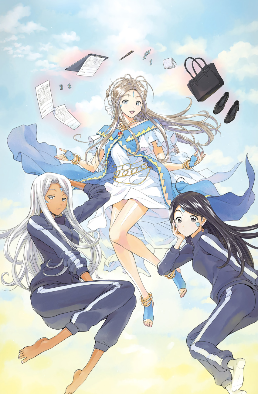 3girls, aa_megami-sama, aa_shuukatsu_no_megami-sama, antenna_hair, bag, belldandy, black_hair, brown_hair, collar, dark-skinned_female, dark_skin, dress, facial_mark, floating_hair, handbag, high_heels, highres, multiple_girls, pen, skuld_(aa_megami-sama), track_suit, urd_(aa_megami-sama), wallet, white_hair, yoshizuki_kumichi
