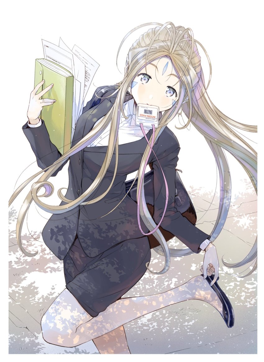 aa_megami-sama, aa_shuukatsu_no_megami-sama, antenna_hair, badge, bag, belldandy, brown_hair, colored_skin, folder, formal_clothes, handbag, high_heels, highres, mouth_hold, office_lady, solo, suit, white_skin, yoshizuki_kumichi
