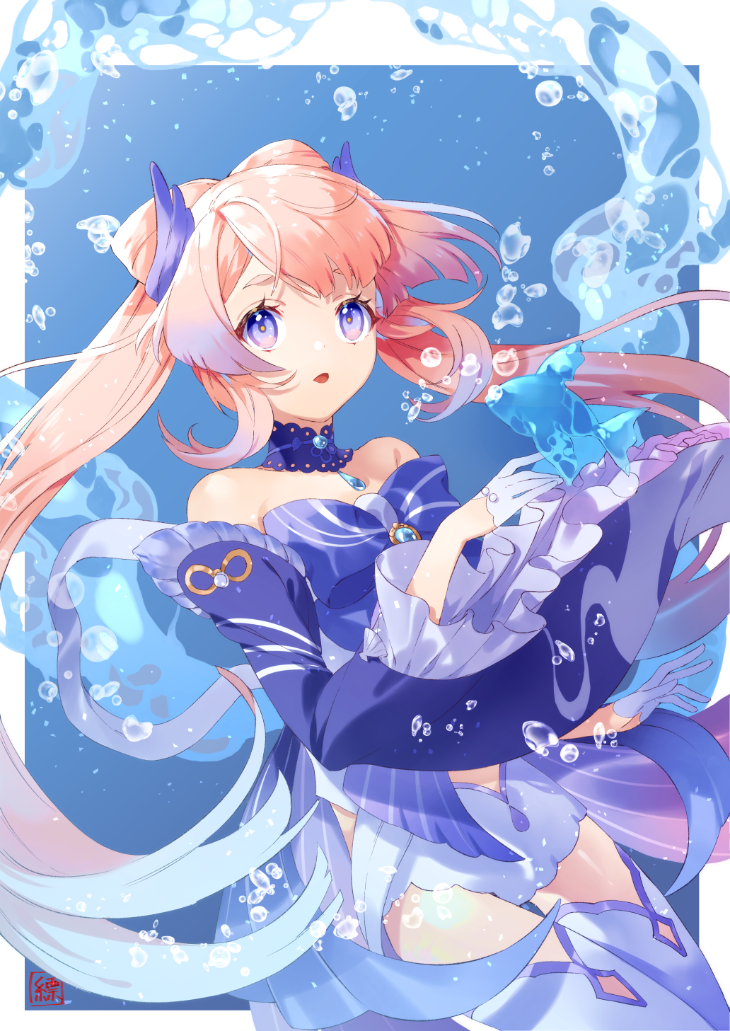 1girl, blue_eyes, blunt_bangs, bow, bowtie, frilled_sleeves, frills, genshin_impact