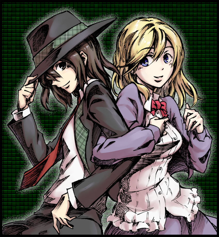 2girls, arm_hug, back-to-back, bad_id, bad_pixiv_id, blonde_hair, brown_eyes, brown_hair