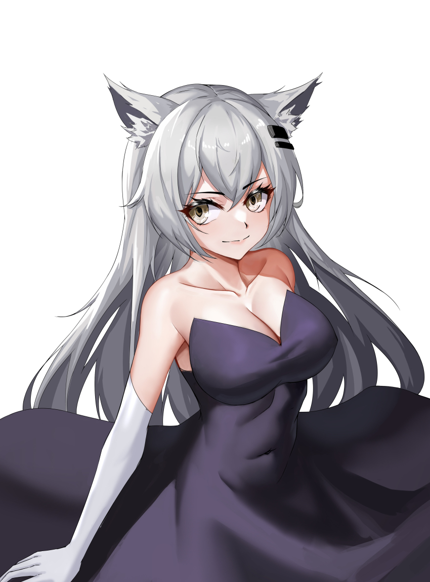 1girl, absurdres, alternate_costume, animal_ear_fluff, animal_ears, arknights, bare_shoulders, breasts, cleavage, closed_mouth, collarbone, covered_navel, dress, elbow_gloves, gloves, hair_ornament, highres, lappland_(arknights), large_breasts, lazurite, purple_dress, simple_background, smile, solo, strapless, strapless_dress, white_background, white_gloves, wolf_ears, yellow_eyes