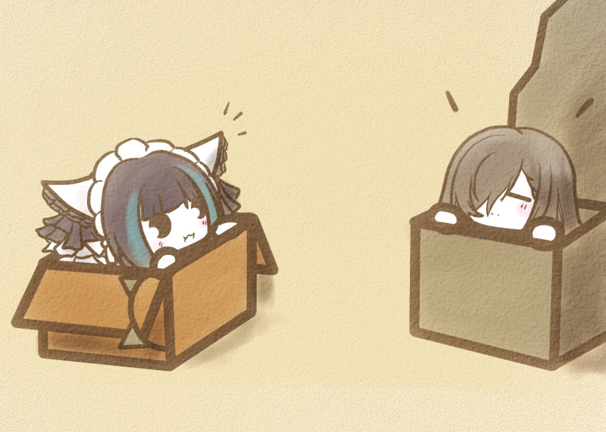 2girls, animal_ears, august_von_parseval_(azur_lane), azur_lane, black_hair, blue_hair, box, cat_ears