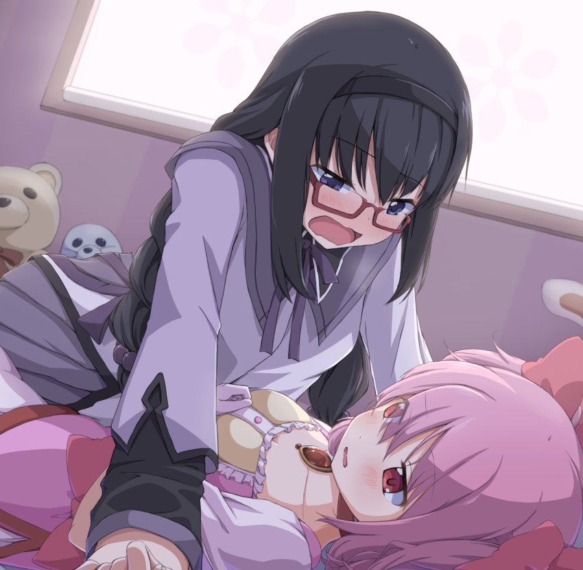 2girls, akemi_homura, akemi_homura_(magical_girl), black_hair, blush, bow, braid, choker, collared_shirt, dress, frills, glasses, hair_bow, hand_on_own_chest, headband, hidarikata, highres, indoors, kaname_madoka, kaname_madoka_(magical_girl), long_hair, long_sleeves, lying, magical_girl, mahou_shoujo_madoka_magica, mahou_shoujo_madoka_magica_(anime), multiple_girls, on_back, on_person, open_mouth, pink_bow, pink_choker, pink_dress, pink_hair, pleated_skirt, puffy_sleeves, purple_eyes, purple_shirt, purple_skirt, red-framed_eyewear, red_eyes, ribbon, shirt, short_hair, short_sleeves, short_twintails, skirt, soul_gem, stuffed_animal, stuffed_toy, teddy_bear, twin_braids, twintails, window, yuri