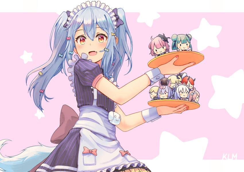 1boy, :d, absurdres, apron, blue_hair, bow, skirt_bow, character_doll