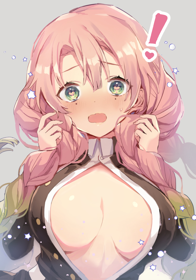 !, 1girl, black_jacket, blush, breasts, center_opening, gradient_hair, green_hair, jacket, kanroji_mitsuri, kimetsu_no_yaiba, large_breasts, long_hair, long_sleeves, looking_at_viewer, mole, mole_under_eye, multicolored_hair, open_clothes, open_mouth, pink_hair, siiqa_vivi, solo, tri_braids