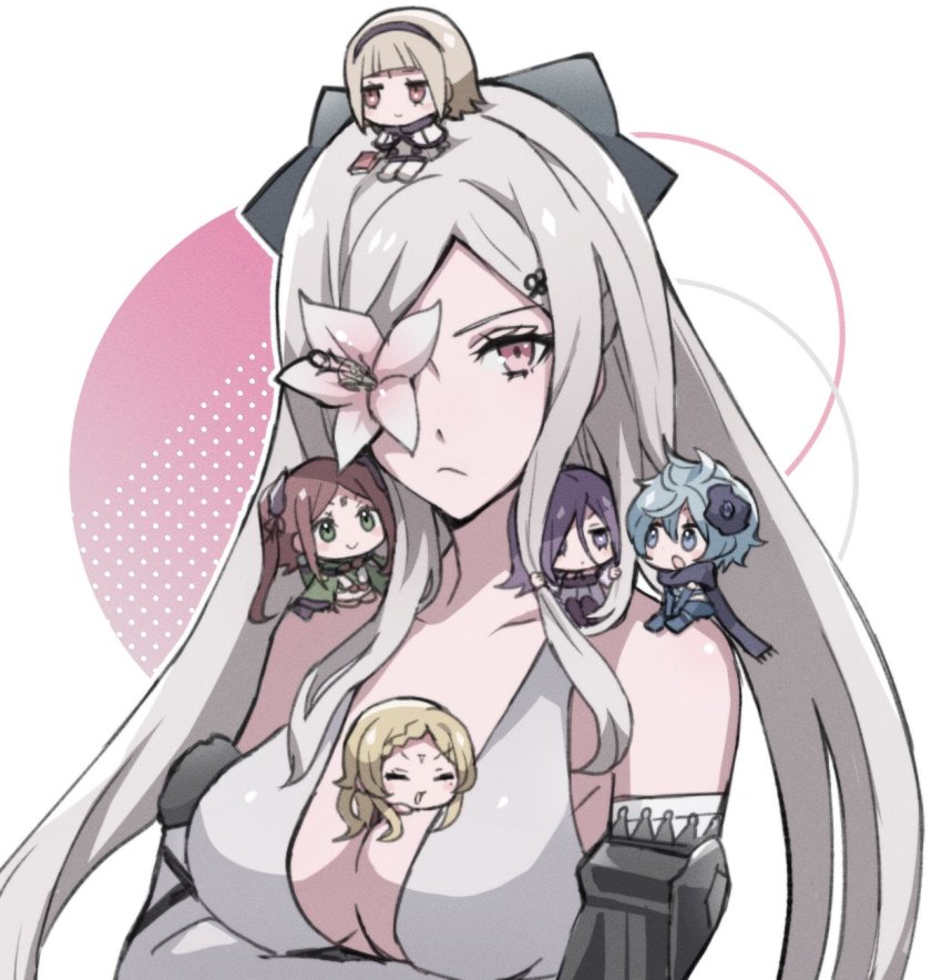 3ch_, 6+girls, antenna_hair, bare_shoulders, black_bow, black_hairband, blonde_hair, blue_eyes, blue_flower, blue_gloves, blue_hair, blue_legwear, blue_scarf, book, bow, braid, breasts, brown_hair, capelet, choker, cleavage, commentary_request, drag-on_dragoon, drag-on_dragoon_3, dress, elbow_gloves, facial_mark, five_(drag-on_dragoon), flower, flower_over_eye, forehead_mark, four_(drag-on_dragoon), fur-trimmed_capelet, fur-trimmed_gloves, fur_trim, gloves, green_eyes, green_jacket, hair_between_eyes, hair_bow, hair_flower, hair_ornament, hairband, hairclip, highres, jacket, long_hair, messy_hair, miichinori, mini_person, minigirl, mole, mole_under_eye, multiple_girls, one_(drag-on_dragoon), prosthesis, prosthetic_arm, purple_dress, purple_eyes, purple_hair, red_eyes, ribbon_choker, roman_numeral, scarf, short_hair, smile, three_(drag-on_dragoon), two_(drag-on_dragoon), two_side_up, white_background, white_capelet, white_hair, white_legwear, x_hair_ornament, zero_(drag-on_dragoon)