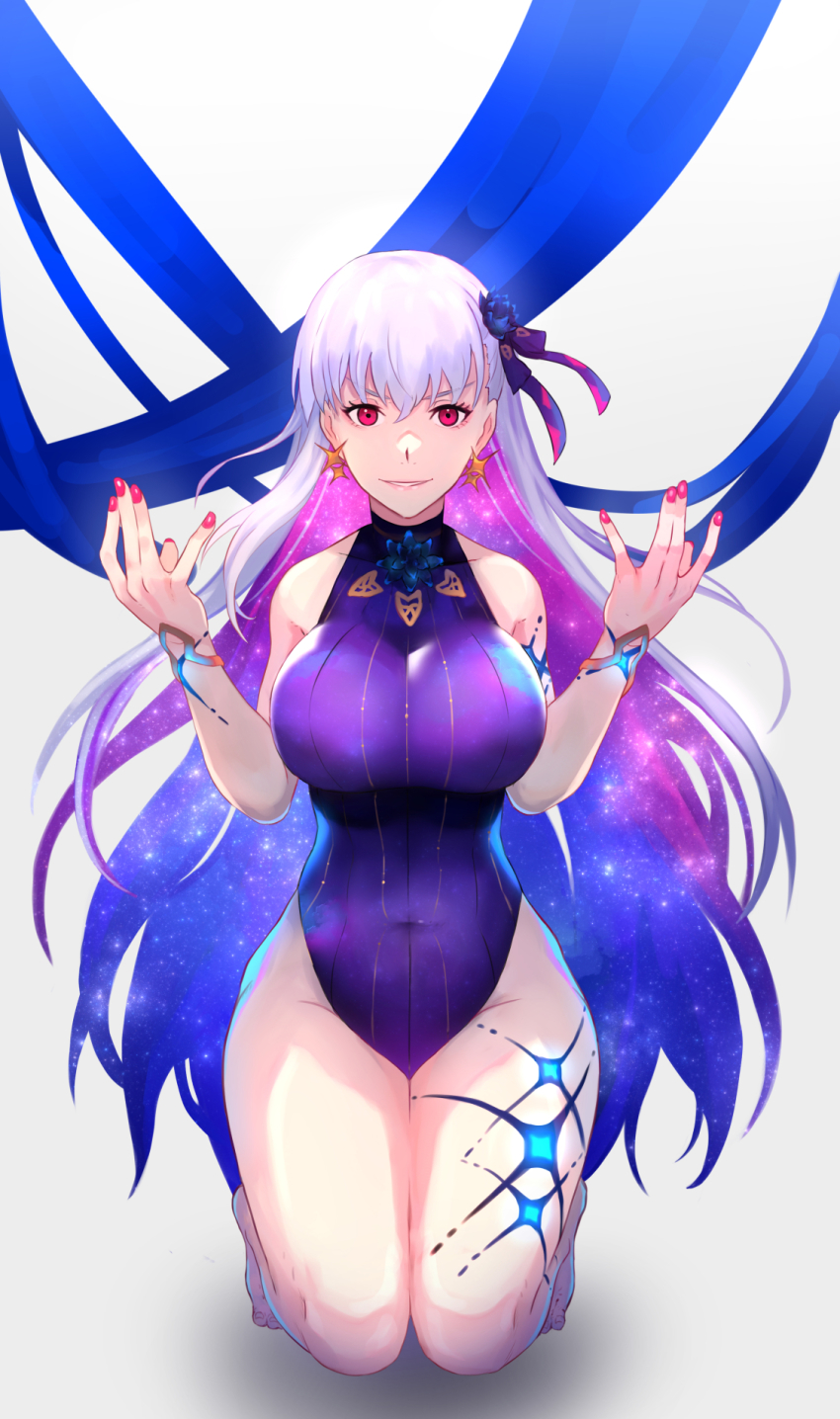 1girl, bare_shoulders, blue_hair, blue_one-piece_swimsuit, blush, body_markings, bracelet, breasts