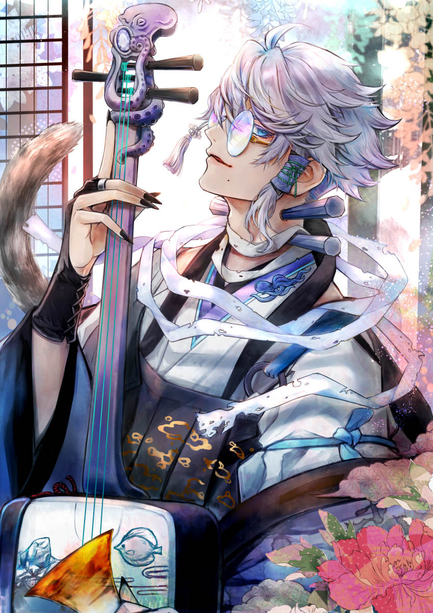 1boy, absurdres, azul_ashengrotto, black_nails, blue_eyes, bridal_gauntlets, chinese_clothes, fingernails