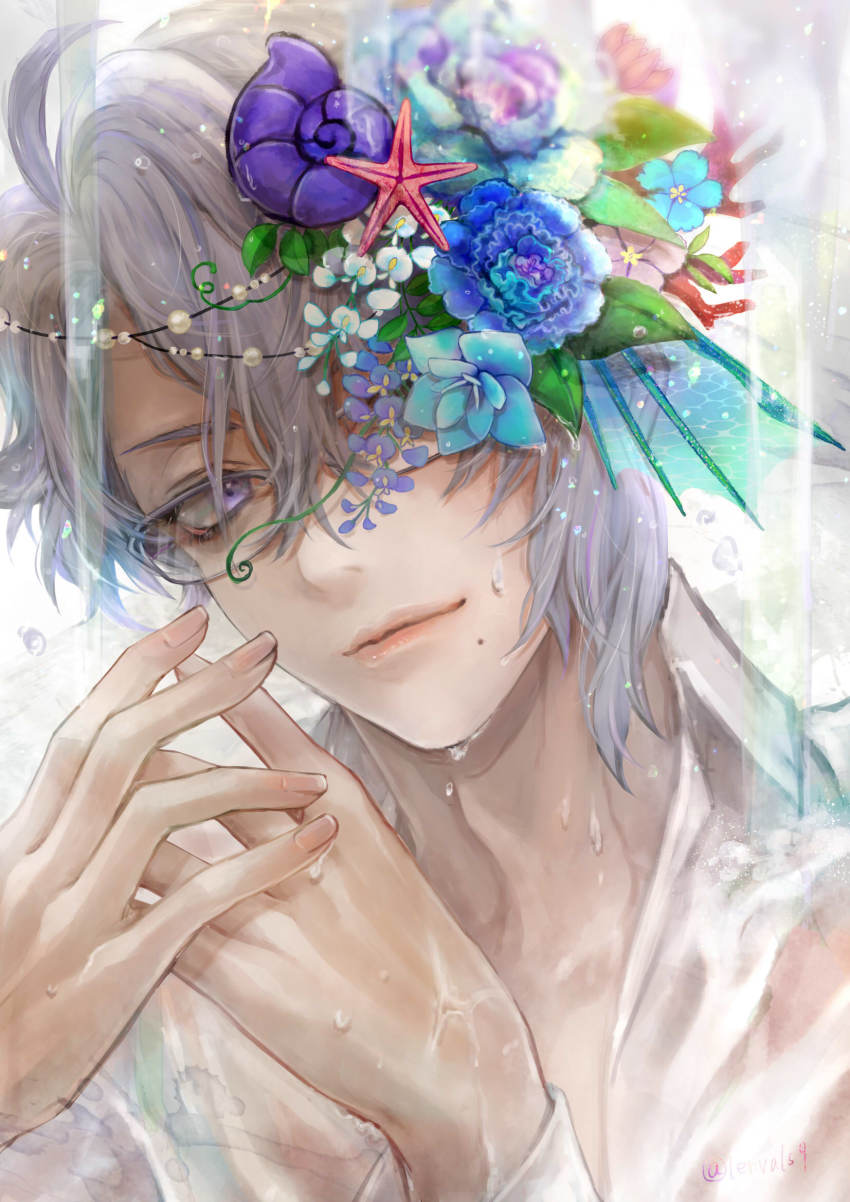1boy, azul_ashengrotto, blouse, blue_flower, blue_rose, closed_mouth, flower, glasses