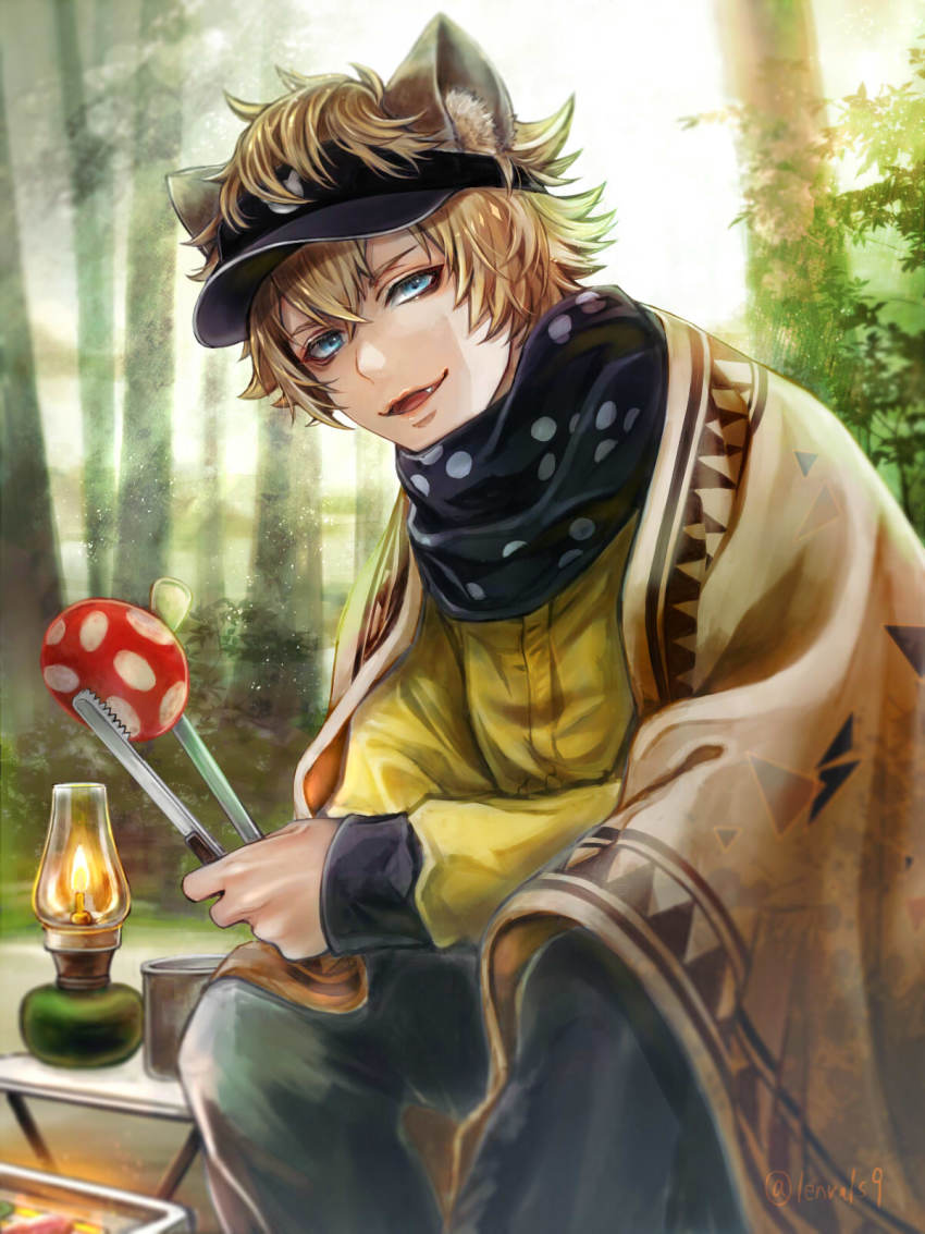 1boy, black_pants, black_scarf, blonde_hair, blue_eyes, day, fang, fang_out, food, hasura_(coconutice), highres, hyena_boy, hyena_ears, looking_at_viewer, male_focus, mushroom, open_mouth, outdoors, pants, ruggie_bucchi, ruggie_bucchi_(outdoor_wear), scarf, shirt, short_hair, sitting, smile, solo, twisted_wonderland, white_shirt