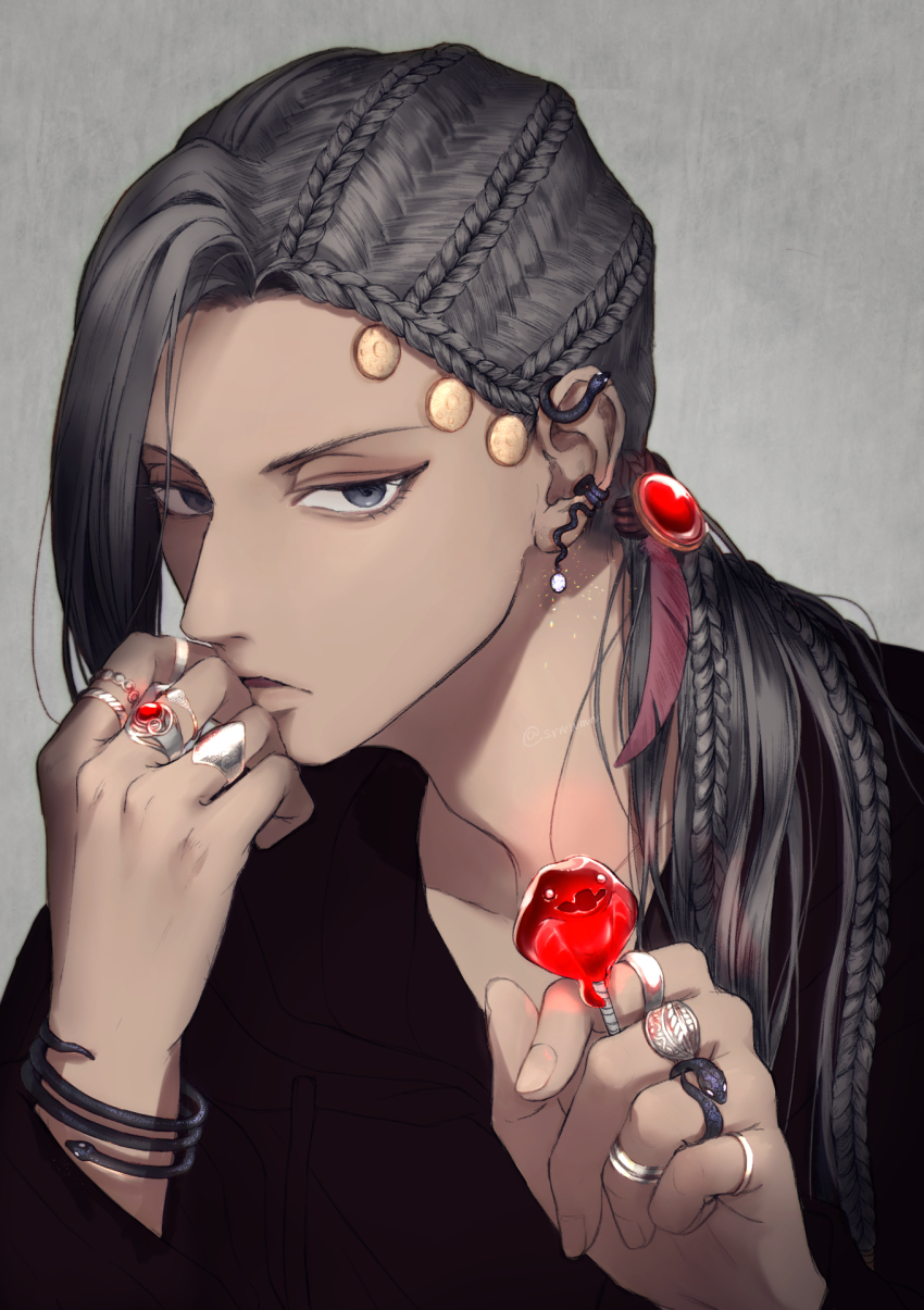 1boy, black_eyes, black_hair, black_shirt, bracelet, braid, braided_ponytail, candy