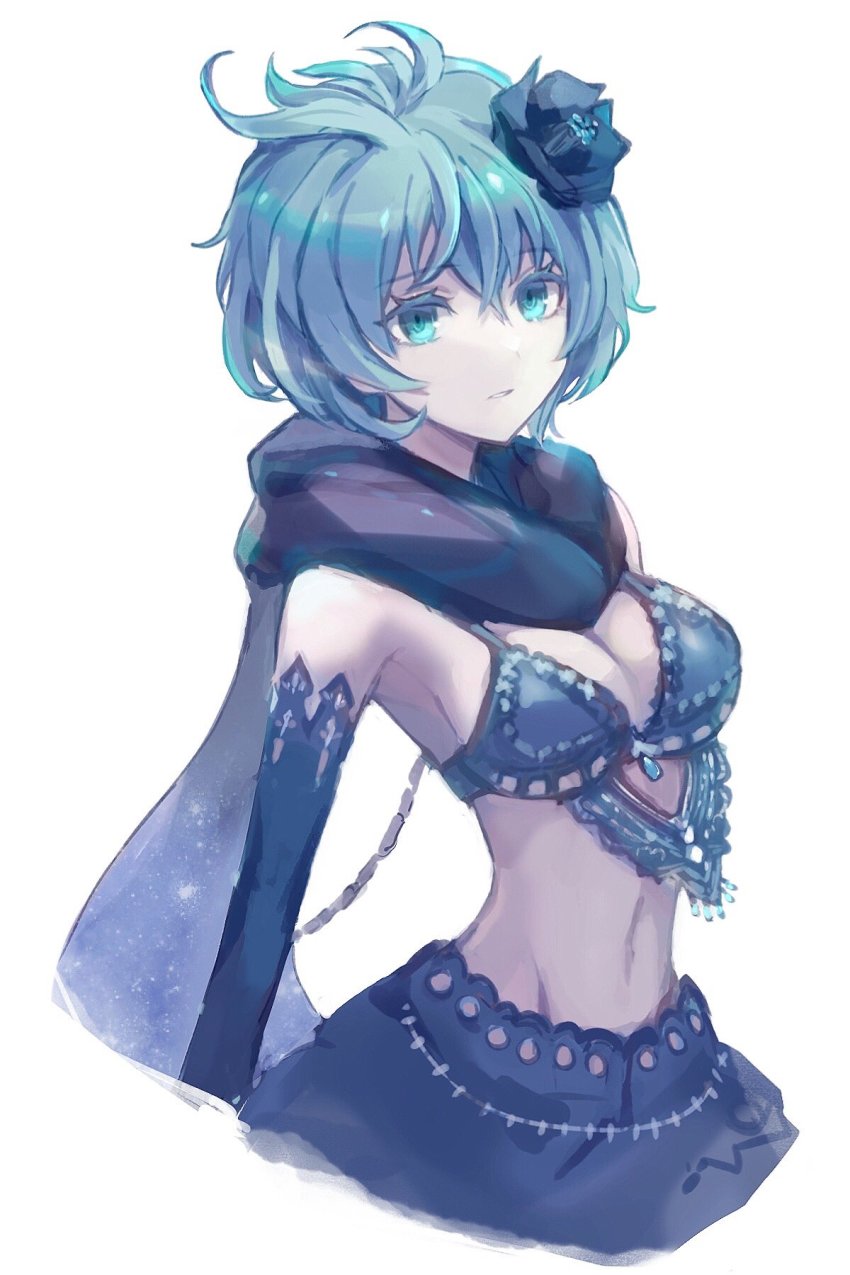 1girl, 3ch_, antenna_hair, blue_bra, blue_eyes, blue_flower, blue_gloves, blue_hair