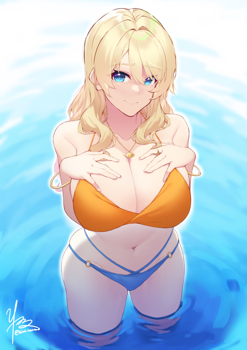 1girl, absurdres, bikini, blonde_hair, blue_bikini, blue_eyes, bracelet, breasts