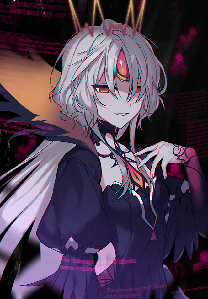 1girl, android, bad_id, bad_pixiv_id, black_dress, breasts, code:_antithese_(elsword), commentary, crown, dark_persona, diml1ght, dress, electricity, elsword, empty_eyes, english_text, eve_(elsword), evil_smile, facial_mark, feathers, fingernails, forehead_jewel, grin, half-closed_eyes, juliet_sleeves, long_hair, long_sleeves, looking_at_viewer, pale_skin, puffy_sleeves, robot, sidelocks, small_breasts, smile, solo, untranslatable_commentary, teeth, upper_body, wavy_hair, white_hair, yellow_eyes