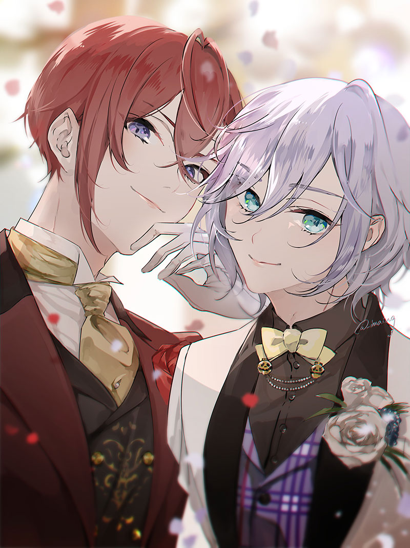 2boys, artist_name, blue_eyes, bow, bowtie, closed_mouth, epel_felmier, epel_felmier_(suitor_suit)