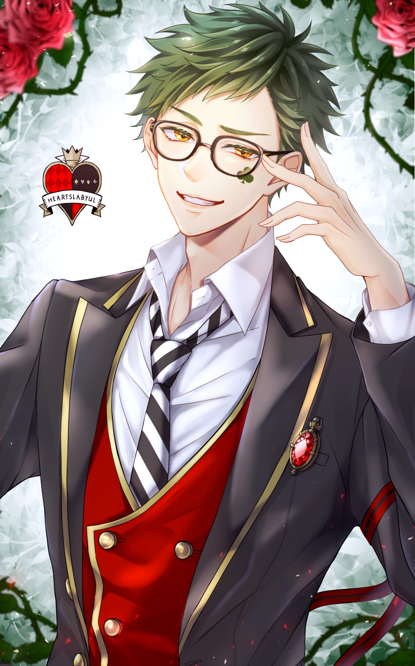 1boy, absurdres, black_jacket, brown_eyes, facial_mark, flower, gem, glasses