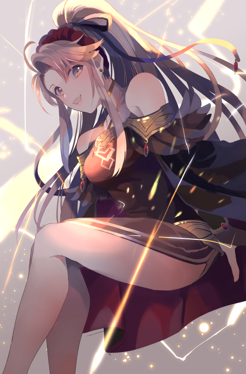 1girl, :d, ahoge, bare_shoulders, black_dress, cape, dress, earrings
