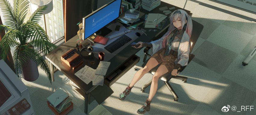 1girl, blue_screen_of_death, book, brown_shorts, cellphone, chair, chinese_commentary, closed_eyes