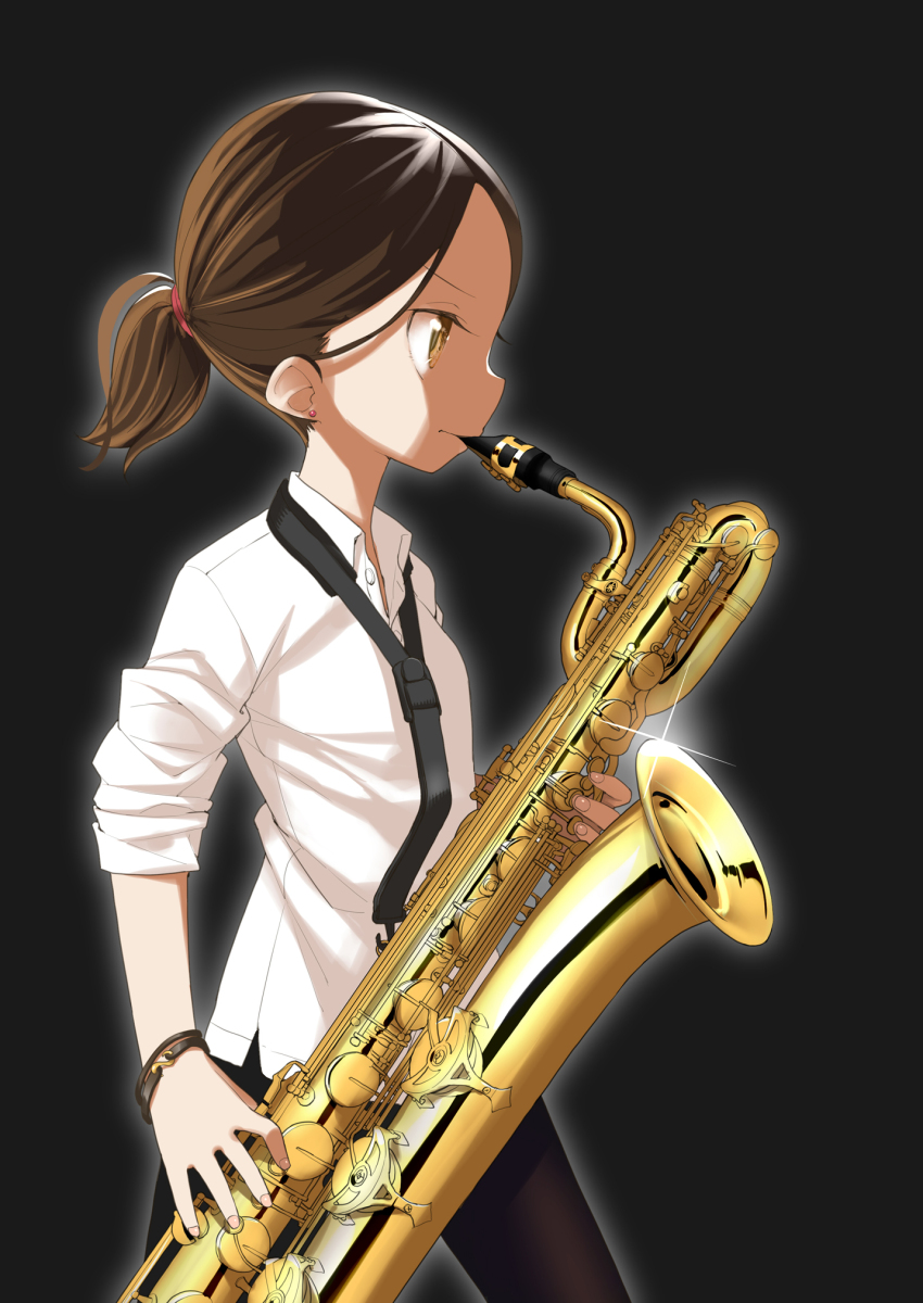 1girl, baritone_saxophone, black_background, bracelet, brown_eyes, brown_hair, collared_shirt, cowboy_shot, earrings, from_side, hibike!_euphonium, highres, instrument, jewelry, music, ogasawara_haruka, playing_instrument, ponytail, saxophone, shirt, solo, sparkle, stud_earrings, tanaka_ahiru