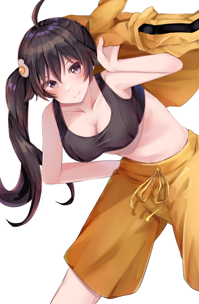 1girl, absurdres, araragi_karen, arm_behind_back, arm_behind_head, arm_up, bare_shoulders, bent_over