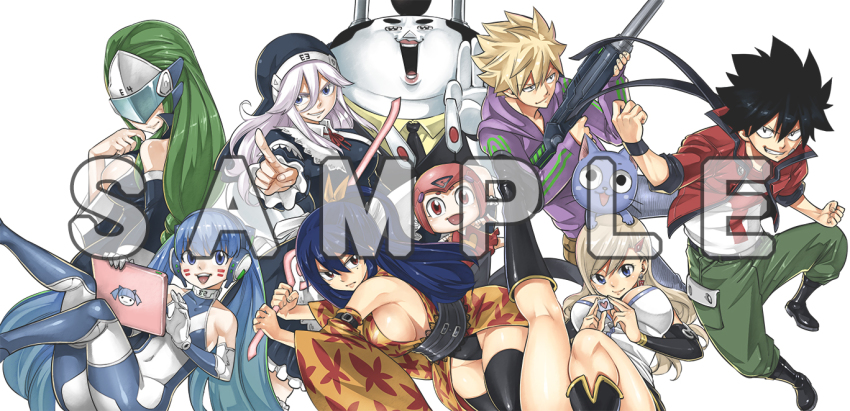 2boys, 3others, 5girls, black_hair, blonde_hair, blue_eyes, breasts, cleavage