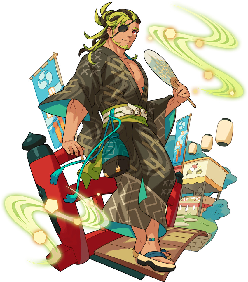 1boy, against_railing, anklet, artist_request, aura, bag, beard, belt, bridge, brown_hair, brown_kimono, bush, closed_mouth, dango, day, egasumi, eyepatch, facial_hair, fence, flag, floating, floating_object, food, forehead, full_body, grass, green_facial_hair, green_hair, hair_bun, hand_fan, hand_up, happy, highres, holding, holding_fan, japanese_clothes, jewelry, kimono, lantern, large_pectorals, leon_(world_flipper), light_particles, long_hair, long_sleeves, looking_at_viewer, male_focus, market_stall, multicolored_hair, muscular, muscular_male, non-web_source, obi, official_art, open_clothes, open_kimono, outdoors, paper_fan, paper_lantern, pectoral_cleavage, pectorals, railing, red_eyes, sandals, sanshoku_dango, sash, single_hair_bun, smile, solo, standing, streaked_hair, tassel, transparent_background, tree, two-tone_hair, uchiwa, wagashi, wide_sleeves, world_flipper