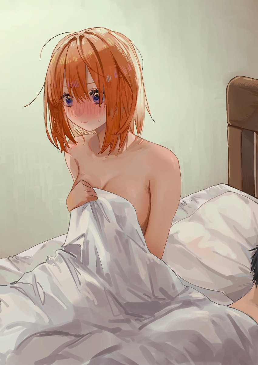 1boy, 1girl, aftersex, awake, bed, bed_sheet, blue_eyes, blush, breasts, covering_breasts, covering_privates, go-toubun_no_hanayome, hair_between_eyes, hetero, highres, large_breasts, memidesuyo, messy_hair, morning_after, nakano_yotsuba, naked_sheet, nude, nude_cover, on_bed, orange_hair, out_of_frame, pillow, short_hair, sitting, sleeping, sweatdrop, uesugi_fuutarou