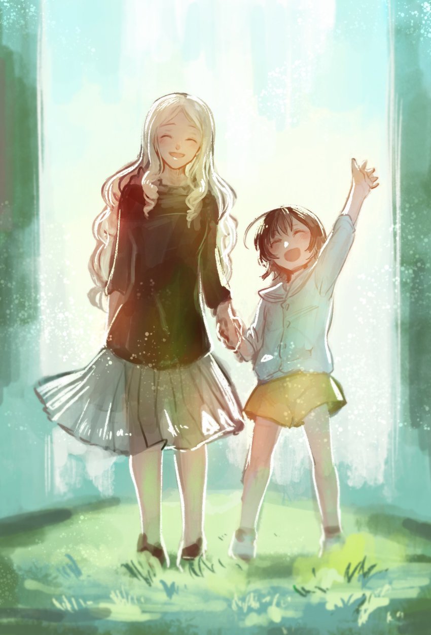 2girls, age_difference, ahoge, anju_(utawarerumono), aquaplus, arm_up, blonde_hair, blush, closed_eyes, dress, family, full_body, grass, happy, height_difference, highres, holding, holding_hands, honoka_(utawarerumono:_itsuwari_no_kamen), long_hair, long_sleeves, mother_and_child, mother_and_daughter, multiple_girls, open_mouth, parent_and_child, petari86stick, short_hair, shorts, sidelocks, standing, utawarerumono, utawarerumono:_itsuwari_no_kamen, very_long_hair, waving, wavy_hair