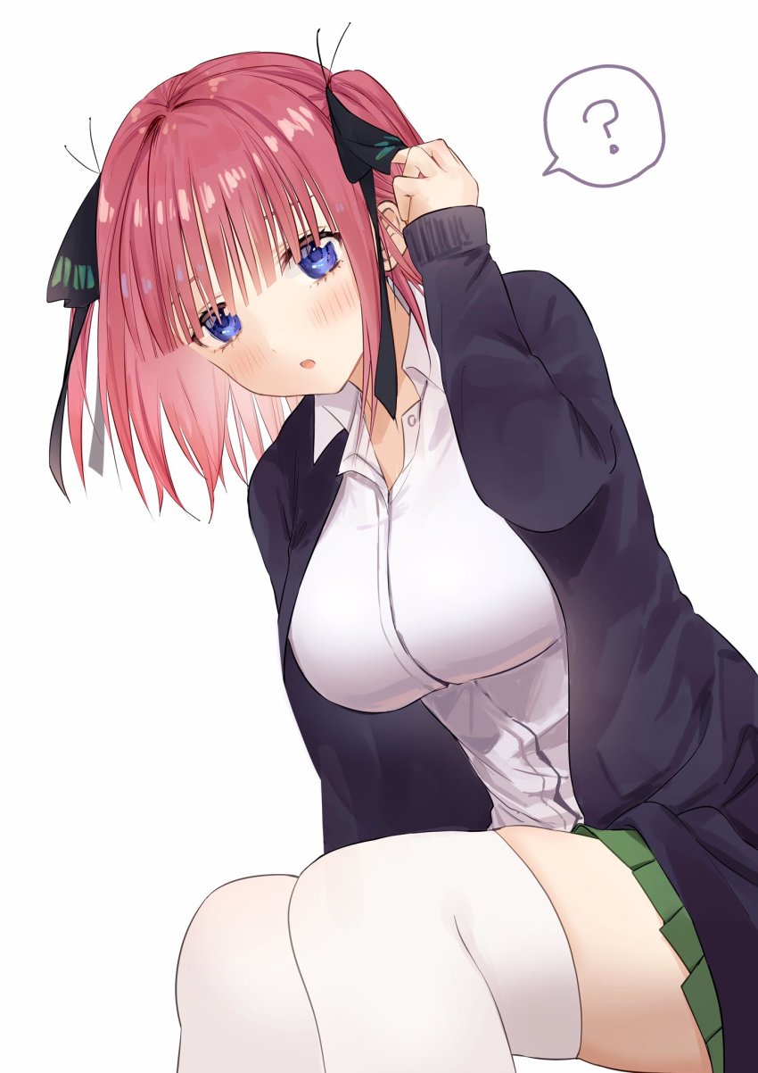 1girl, ?, black_ribbon, blue_cardigan, blue_eyes, blunt_bangs, blush, breasts