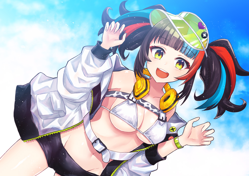 1girl, bad_id, bad_pixiv_id, belt, bikini, bikini_top_only, black_hair, black_shorts