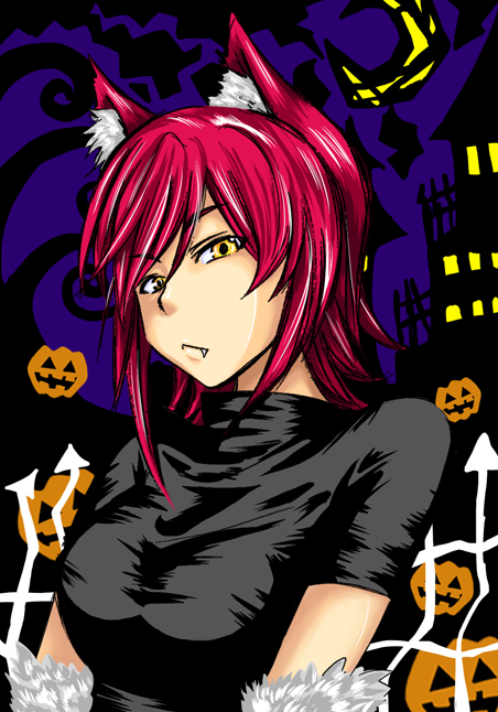 00s, animal_ears, breasts, chachamaru-f, fang, halloween, kaibutsu_oujo, red_hair, riza_wildman, wolf_ears, yellow_eyes