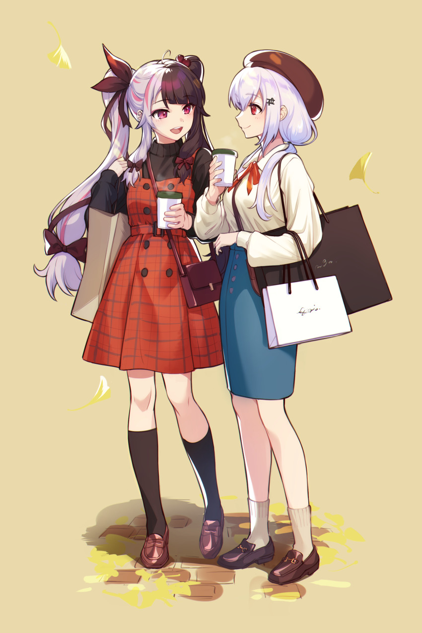 2girls, absurdres, bag, beret, black_bow, black_hair, black_socks, black_sweater
