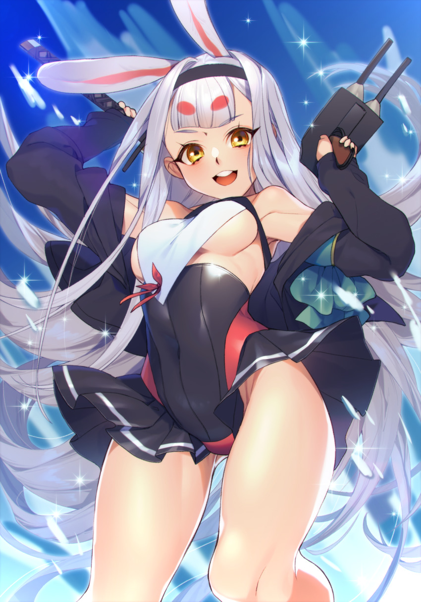 1girl, animal_ears, aqua_bow, azur_lane, bikini, bikini_bottom_only, black_hairband, bow